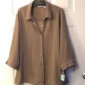 NWT Joanna Plus Sz 3X Two-For One Blouse Shirt 3/4 Sleeve Brown/Tan Check